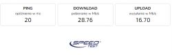Wyniki testu prędkości internetu z pingiem 20 ms, pobieraniem 28.76 Mb/s i wysyłaniem 16.70 Mb/s.