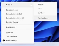 Menu kontekstowe paska zadań w Windows 11 z rozwiniętymi opcjami Toolbarów.
