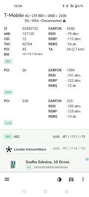 Zrzut ekranu z aplikacji do pomiaru sygnału sieci komórkowej z danymi LTE.