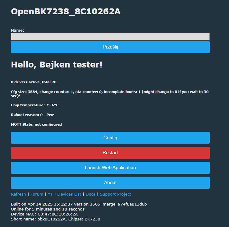 User interface for OpenBK7238 with technical information.
