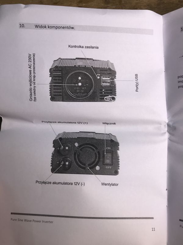 Widok instrukcji obsługi przetwornicy samochodowej, na której opisano elementy urządzenia.