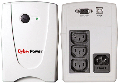 Front and back of CyberPower UPS with sockets and ports.