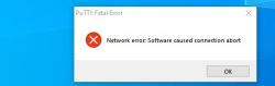Zrzut ekranu z błędem Network error: Software caused connection abort w programie PuTTY.