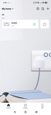 Smart home app screen with power socket turned off and cable plugged in.