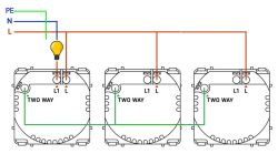 Schemat połączeń elektrycznych z trzema wyłącznikami dwubiegunowymi i jedną żarówką