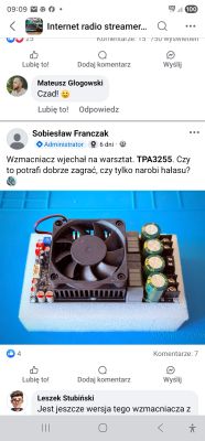 Facebook post screenshot showing an amplifier board photo with a cooling fan and capacitors.