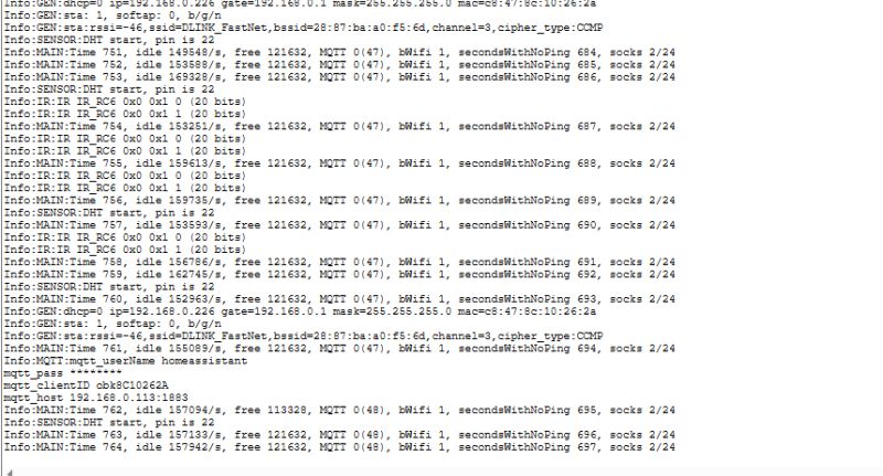 OpenBK7231T system log with IR RC6 signal events OpenBK7231T system logs displaying received IR RC6 signals
