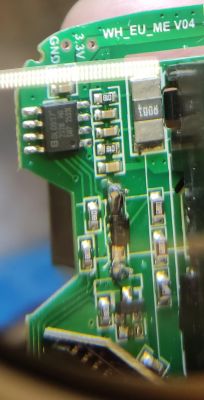Printed Circuit Board with WH_EU_ME V04 Module Close-up of a printed circuit board with a module labeled WH_EU_ME V04 and electronic components.