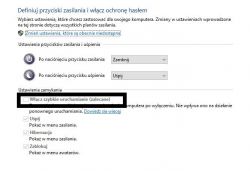 Zrzut ekranu ustawień zasilania i włączania ochrony hasłem w systemie Windows, z zaznaczoną opcją Włącz szybkie uruchamianie (zalecane).
