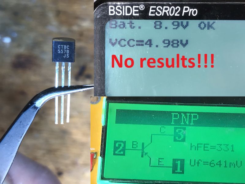 BSIDE ESR02 Pro Tester - No Results for CTBC 557B Transistor The image shows a CTBC 557B transistor held by tweezers and the screen of the BSIDE ESR02 Pro tester displaying No results!!!.