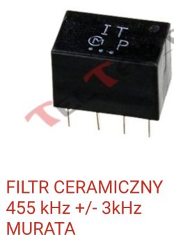Czarny, prostokątny filtr ceramiczny Murata z pięcioma wyprowadzeniami, oznaczony IT, 455 kHz +/- 3 kHz.
