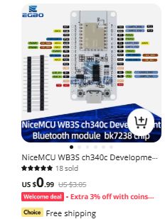 Image of a NiceMCU WB3S ch340c development module with BK7238 chip on AliExpress.