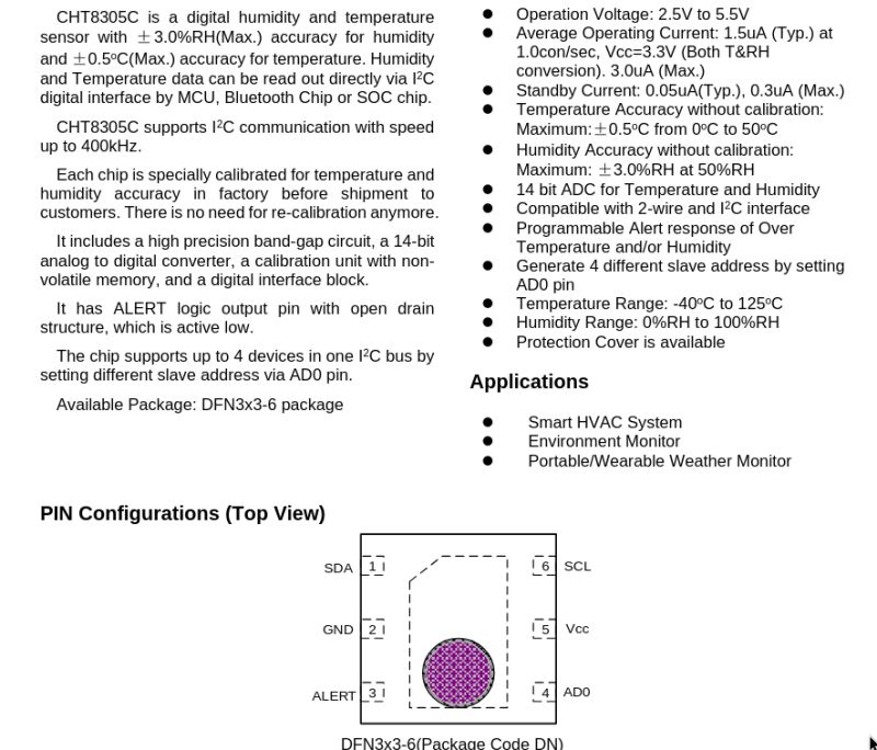 Technical specifications of CHT8305SC sensor with pinout diagram