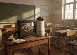 Old CRT TV and air purifier on desk in empty classroom with wooden desks