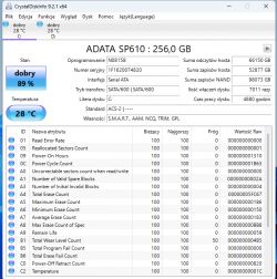 Zrzut ekranu z programu CrystalDiskInfo pokazujący szczegóły dysku ADATA SP610 256 GB.