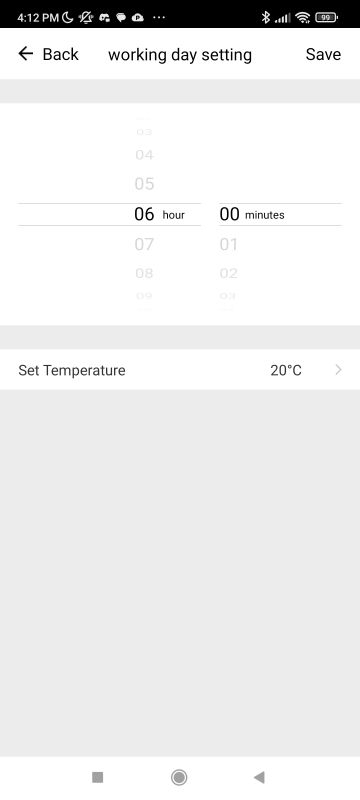 App screen for schedule settings: 06 hours, 00 minutes, and “Set Temperature” 20°C