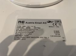 Nameplate of Austria Email AG water heater with technical specifications.