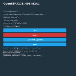 Screenshot of OpenESP32C3 status page with device stats and buttons: Config, Restart, Launch Web Application.