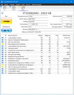 Zrzut ekranu z programu CrystalDiskInfo pokazujący stan dysku twardego ST3250620AS z pojemnością 250 GB. Status dysku to uwaga, a temperatura wynosi 45°C.