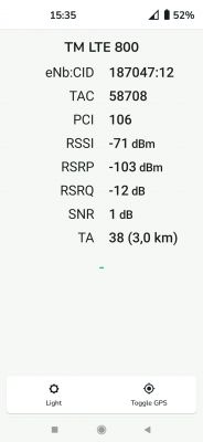 Zrzut ekranu z informacjami o połączeniu LTE, pokazujący wartości takie jak eNb:CID, RSSI, RSRP, RSRQ, SNR i TA.