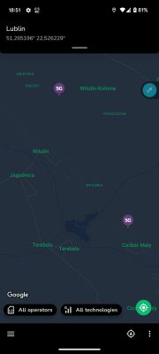 Zrzut ekranu z aplikacji pokazującej mapę lokalizacji w rejonie Lublin, Polska, z zaznaczonymi punktami 5G.