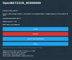OpenBK7231N user interface with configuration and restart buttons.