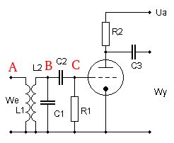 Schemat demodulatora AM z lampą elektronową i zaznaczonymi punktami A, B, C