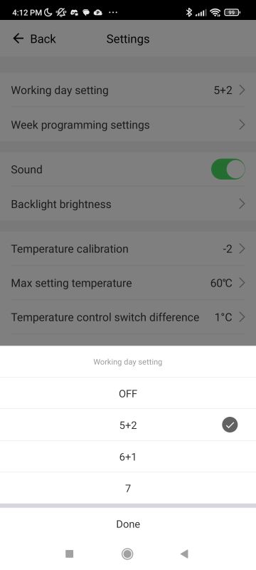 App settings screen showing “Working day setting” with 5+2 selected