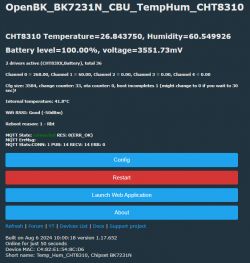 OpenBK interface screen displaying CHT8310 data, including temperature, humidity, and battery level.