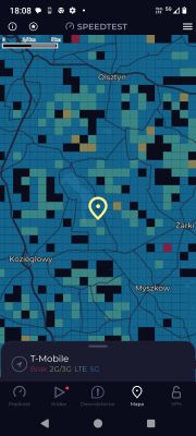 Mapa zasięgu Speedtest dla T-Mobile pokazująca brak 2G/3G i dostępność LTE/5G