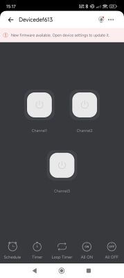 A device control app screen showing three channel buttons and a notification about a new firmware update.