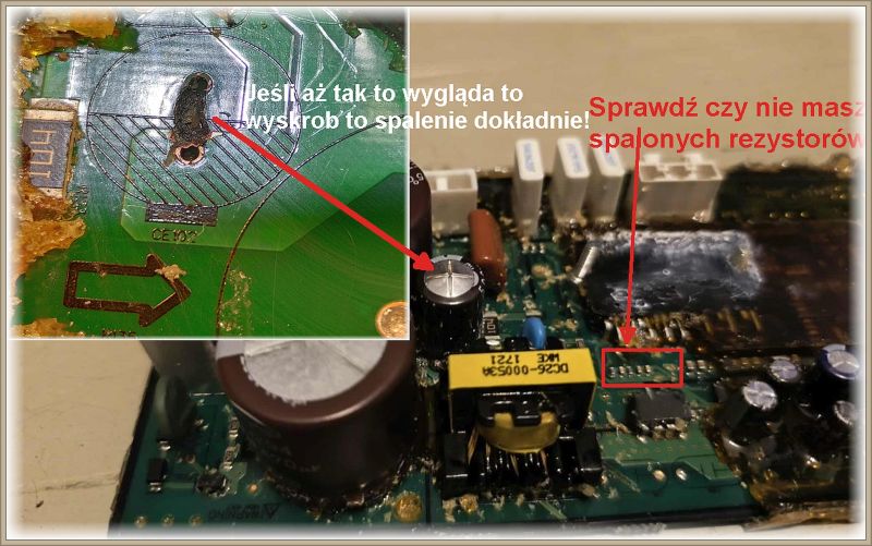 Spalona płytka PCB z zaznaczonym miejscem uszkodzenia i podejrzanymi rezystorami