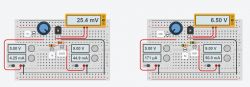 Dwa układy elektroniczne na płytkach stykowych, pierwszy w stanie nasycenia, drugi aktywny.