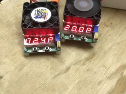 Current Performance Test of LD35 and LD25 Modules Two LD35 and LD25 test modules with LED displays showing current values.