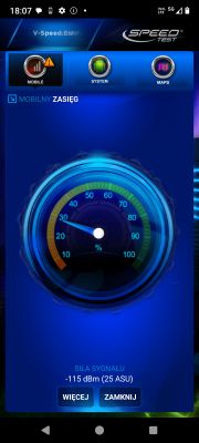 Ekran aplikacji V-Speed pokazujący słaby mobilny sygnał -115 dBm (25 ASU)