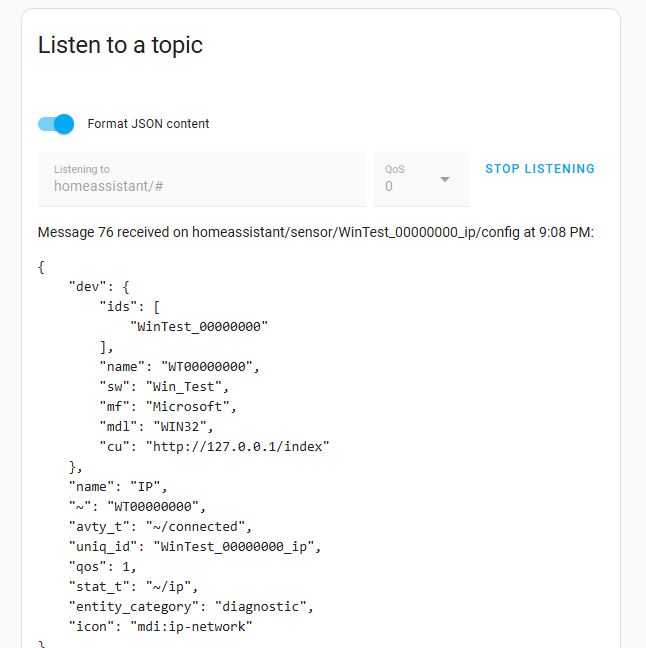 MQTT Communication Monitoring in Home Assistant MQTT communication monitoring tool panel with a visible message.