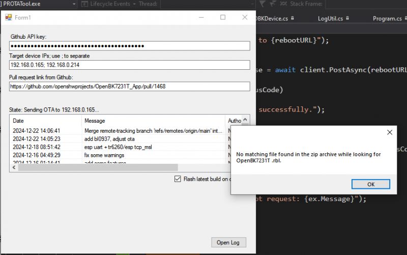 Screenshot of PROTATool.exe showing an error about a missing file in the ZIP archive.
