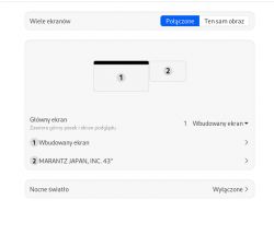 Ustawienia wyświetlania dla wielu ekranów, z dwoma wykrytymi ekranami: wbudowanym oraz Marantz Japan, Inc. 43.