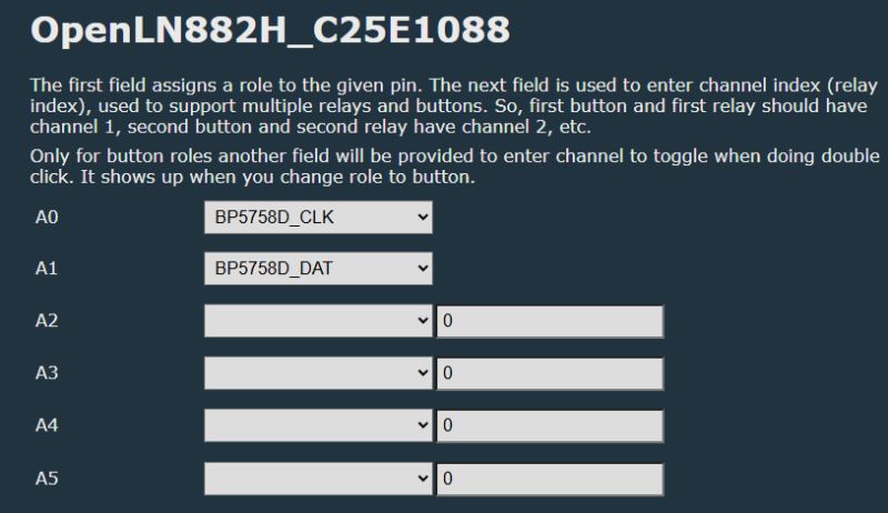 Pin Configuration for BP5758D in OpenLN882H Interface Screenshot of pin configuration in the OpenLN882H_C25E1088 interface showing BP5758D control setup