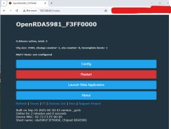 OpenRDA5981 configuration panel with buttons: Config, Restart, Launch Web Application, About