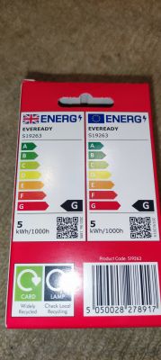 Eveready S19263 Bulb Packaging with Energy Label Packaging of Eveready S19263 bulb with energy efficiency label.