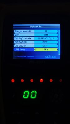 Ekran miernika SATLINK WS-6933 z ustawieniami satelity i zerową jakością sygnału