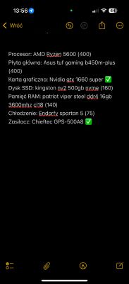 Specyfikacja komputera z procesorem AMD Ryzen 5600 i kartą graficzną Nvidia GTX 1660 Super.