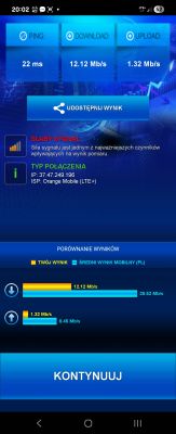 Zrzut ekranu testu prędkości LTE+ Orange: 12,12 Mb/s pobierania, 1,32 Mb/s wysyłania, ping 22 ms