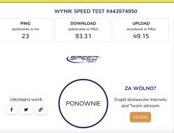 Zrzut ekranu z wynikami testu prędkości internetu: ping 23 ms, pobieranie 93,31 Mb/s, wysyłanie 49,15 Mb/s.