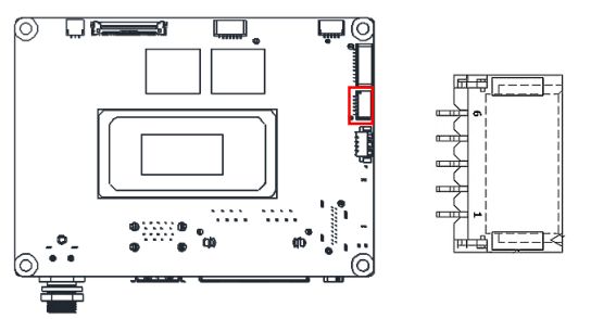 Rysunek płytki PCB z podświetlonym na czerwono złączem po prawej stronie