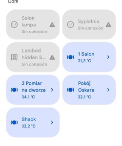Ekran aplikacji z odczytami temperatury w różnych pomieszczeniach domu