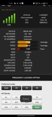 LTE Router Management Panel – Signal Quality and Band Selection Screenshot of an LTE router management interface displaying signal quality, network details, and 4G band selection options.