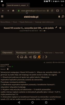 Widok forum elektroda.pl z tematem o hulajnodze Xiaomi Mi Scooter 3, która się nie porusza.