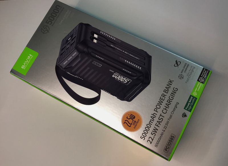Opakowanie powerbanka Bavin PC1058S o pojemności 50000 mAh z szybkim ładowaniem 22.5 W